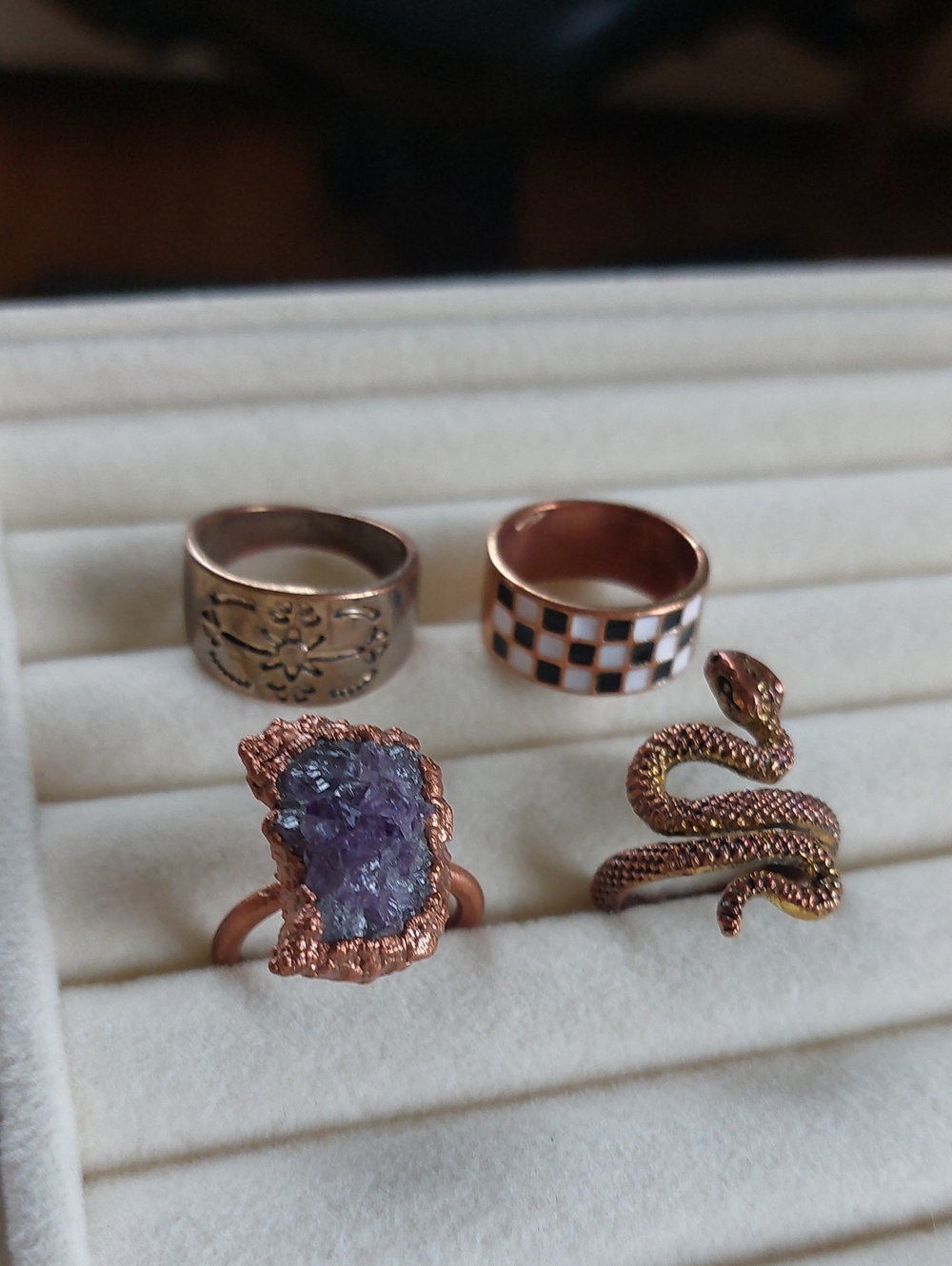 Boho Bronze Copper Tone Ring Lot 4pc Raw Amethyst, Snake & Checkered Sz 6-7